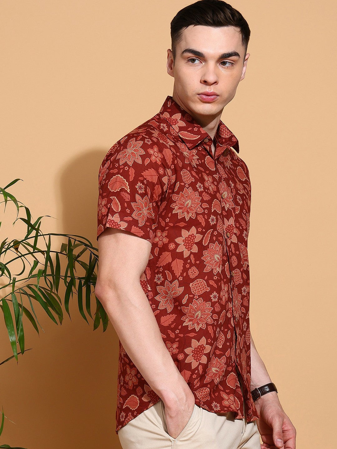 Men's Slim Fit Brown Cotton Shirt with Floral Print