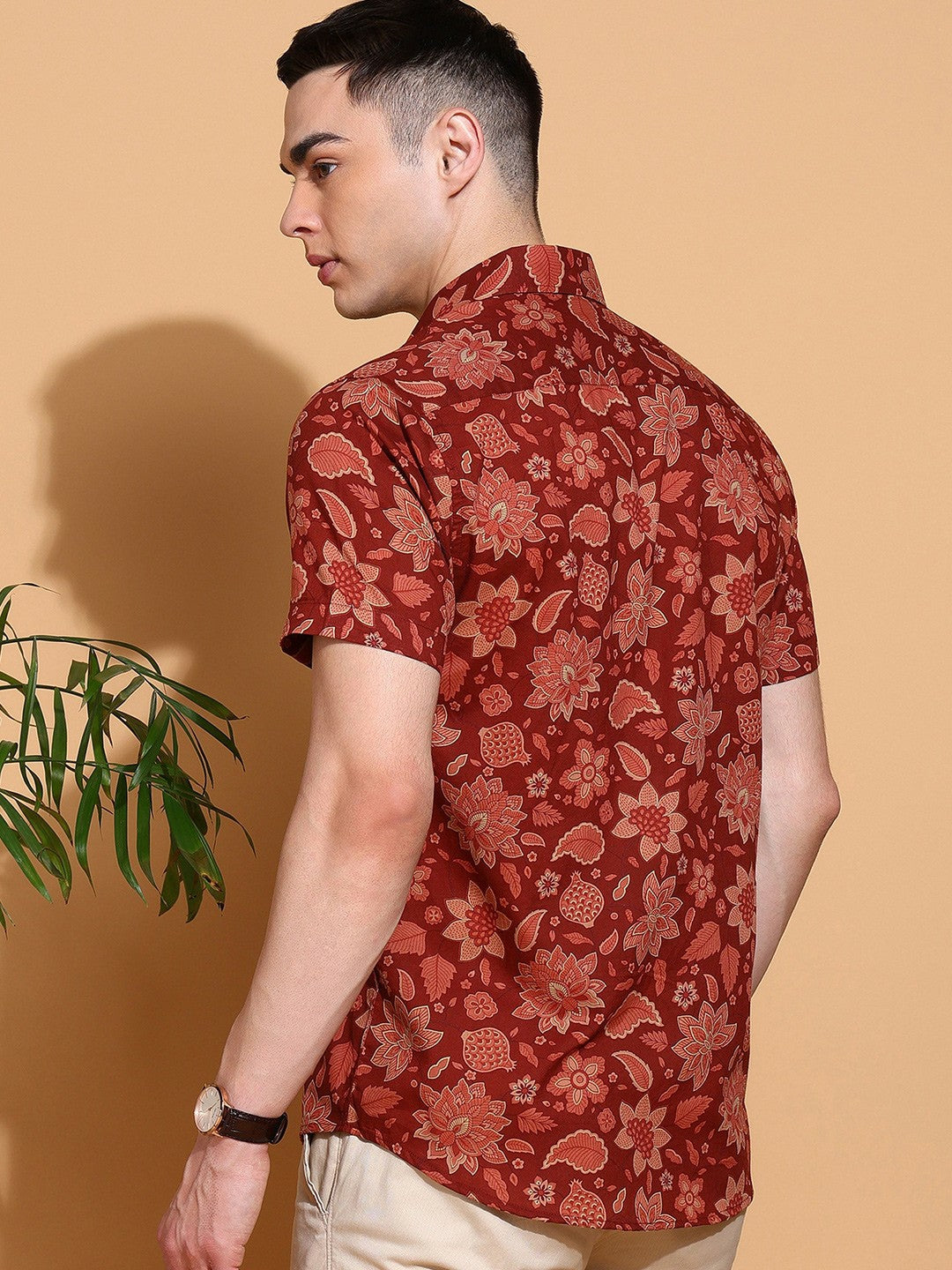 Men's Slim Fit Brown Cotton Shirt with Floral Print