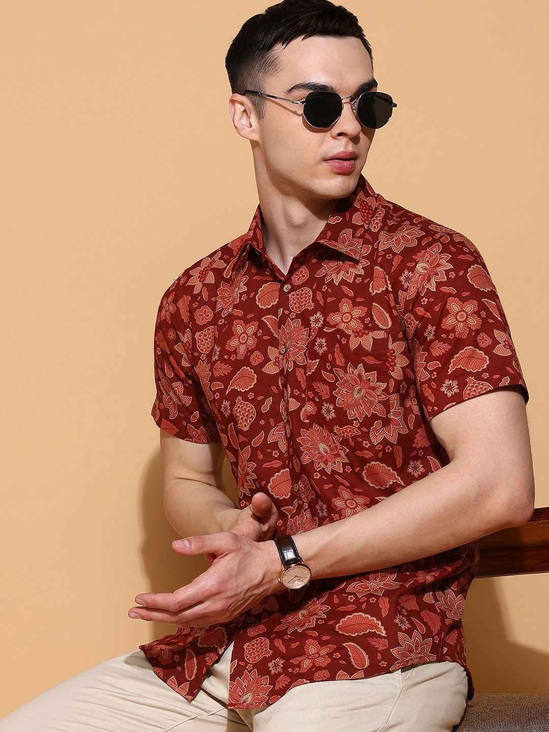 Men's Slim Fit Brown Cotton Shirt with Floral Print