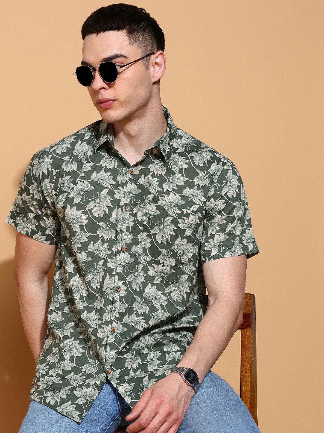 Men's Slim Fit Green Cotton Shirt with Leafy Floral Design