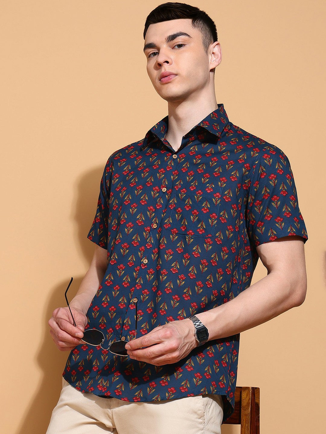 Men's Slim Fit Blue Cotton Shirt with Stylish Floral Print