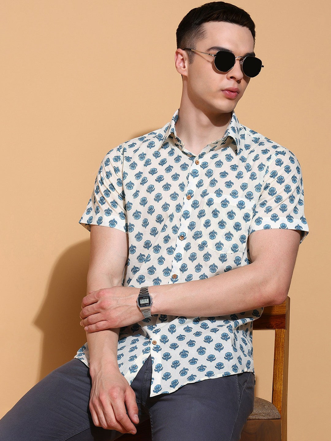 Men's Slim Fit Multicolour Cotton Shirt with Geometric Print