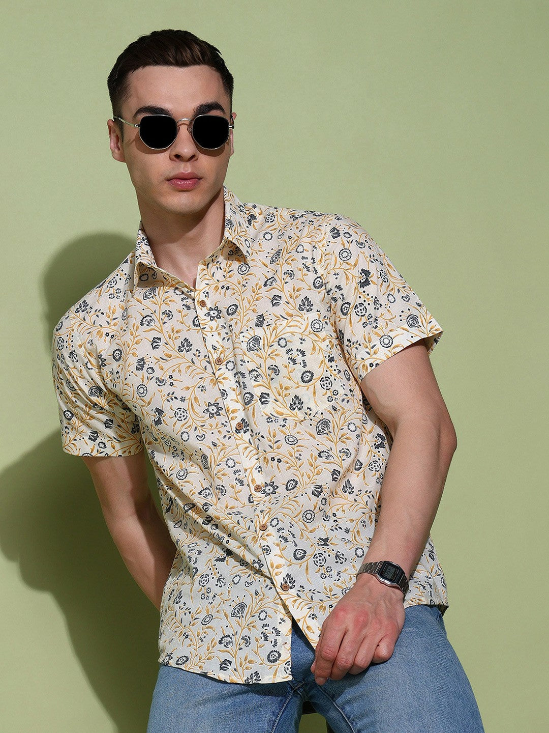 Men's Slim Fit Yellow Cotton Shirt with Vibrant Floral Print
