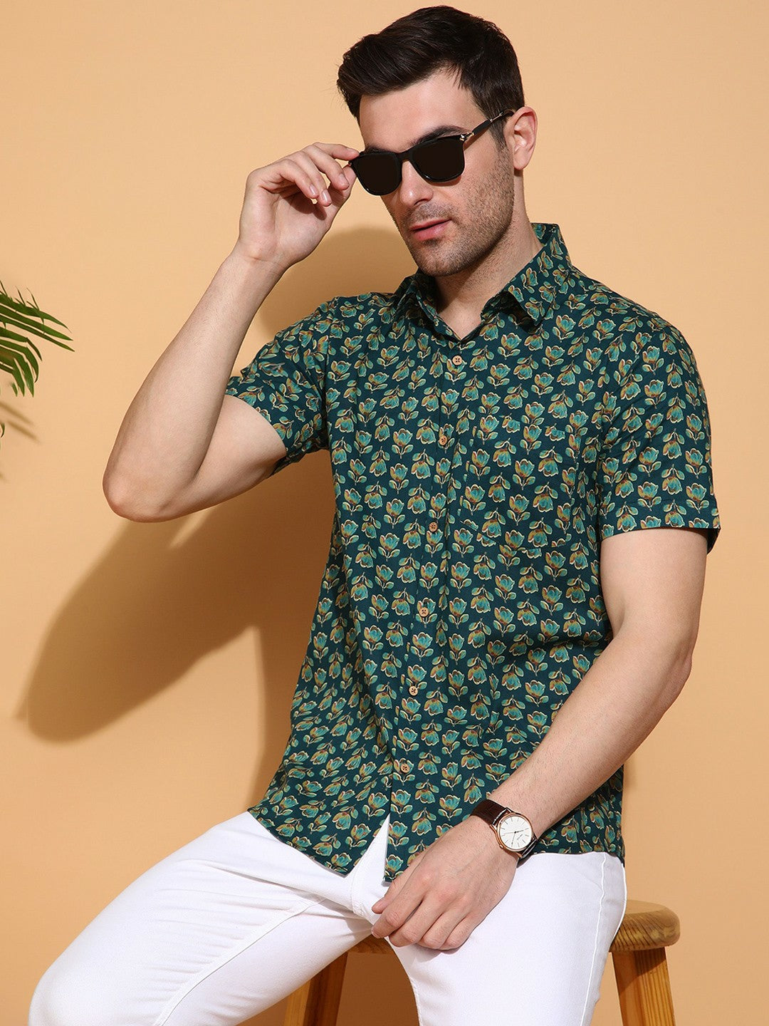 Men's Slim Fit Green Cotton Shirt with All-Over Floral Design