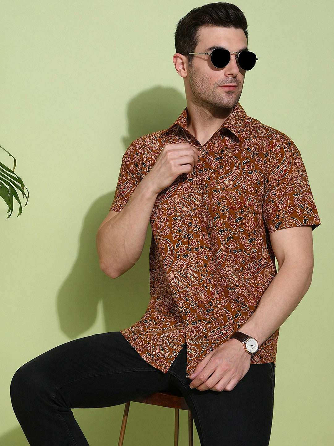 Men's Slim Fit Yellow Cotton Shirt with Artistic Floral Print