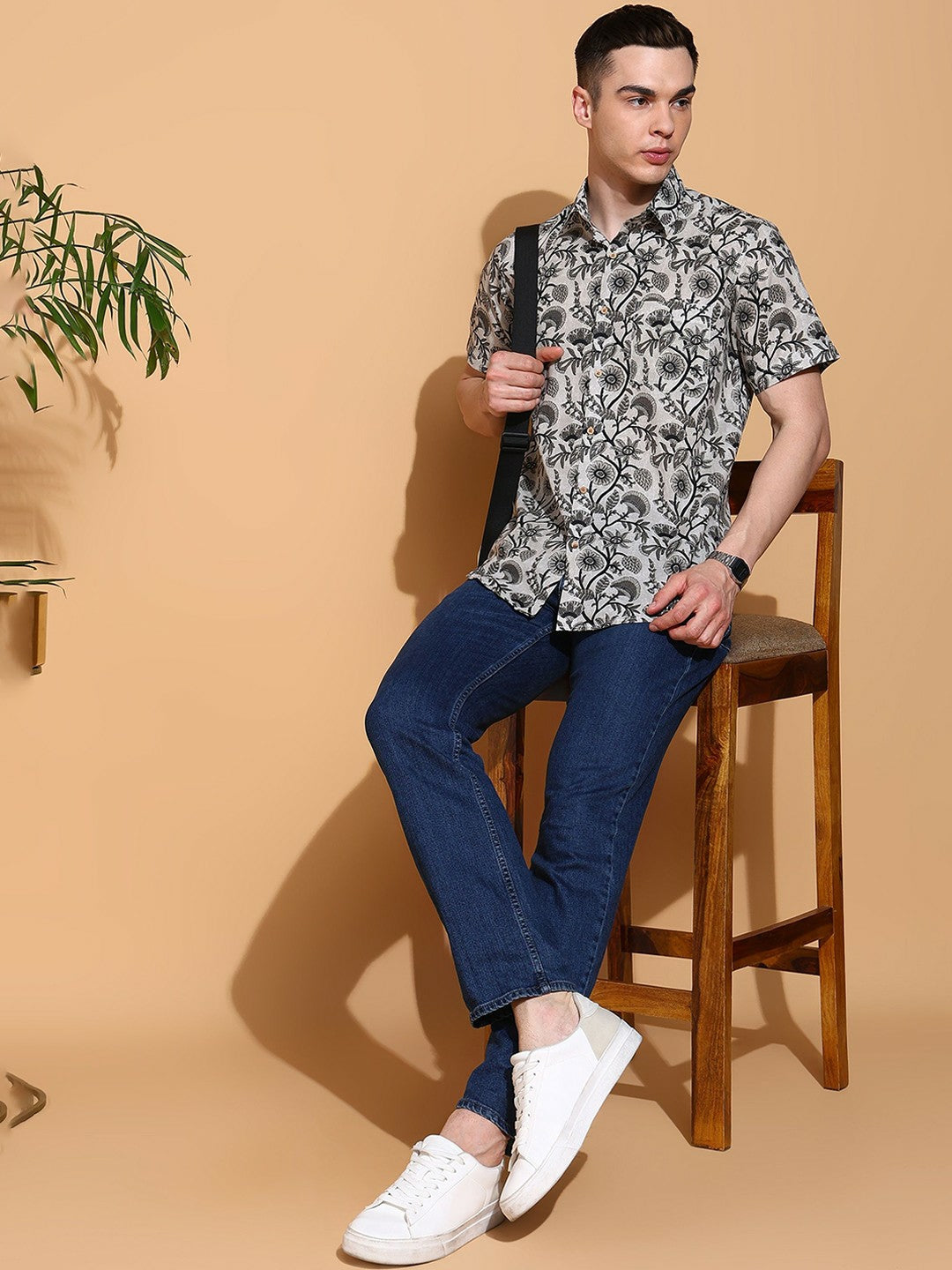 Men's Slim Fit Grey Cotton Shirt with Elegant Floral Print