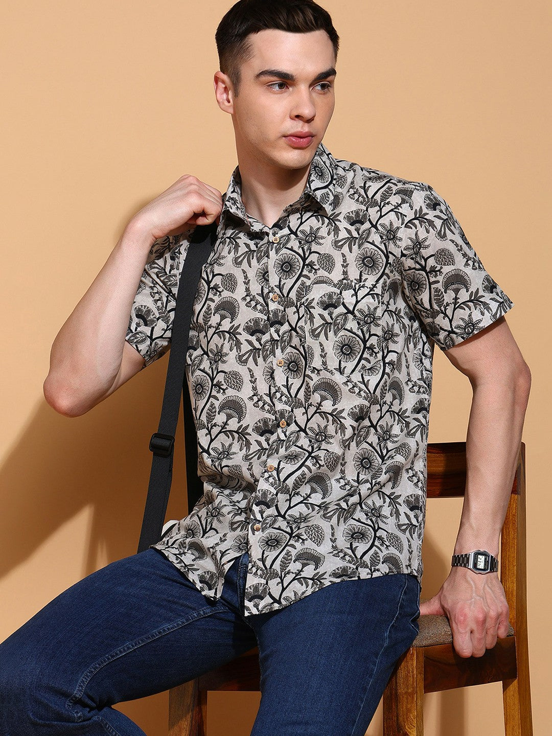Men's Slim Fit Grey Cotton Shirt with Elegant Floral Print