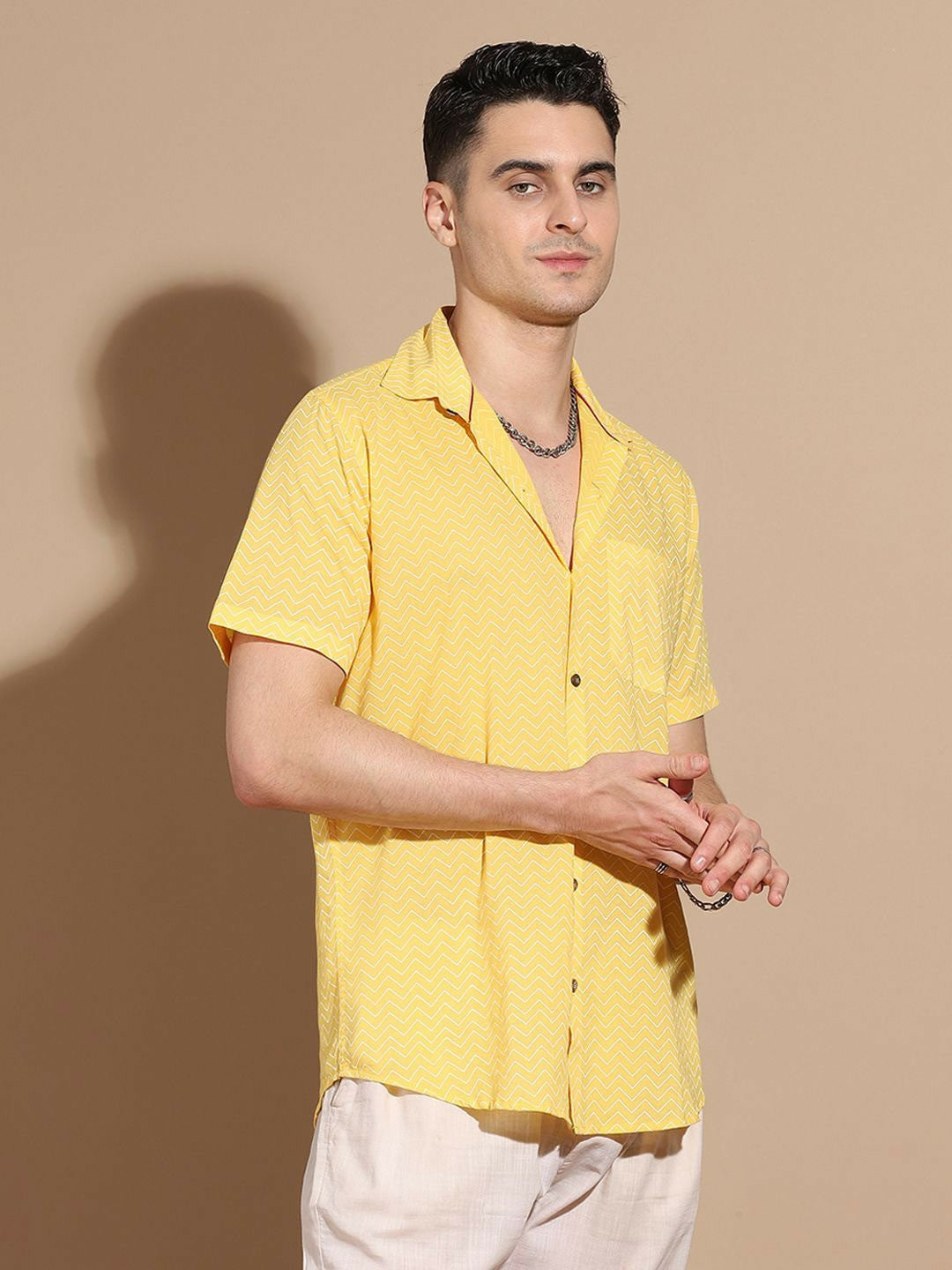 Men's Yellow Cotton Shirt with Chevron Print & Cutaway Collar