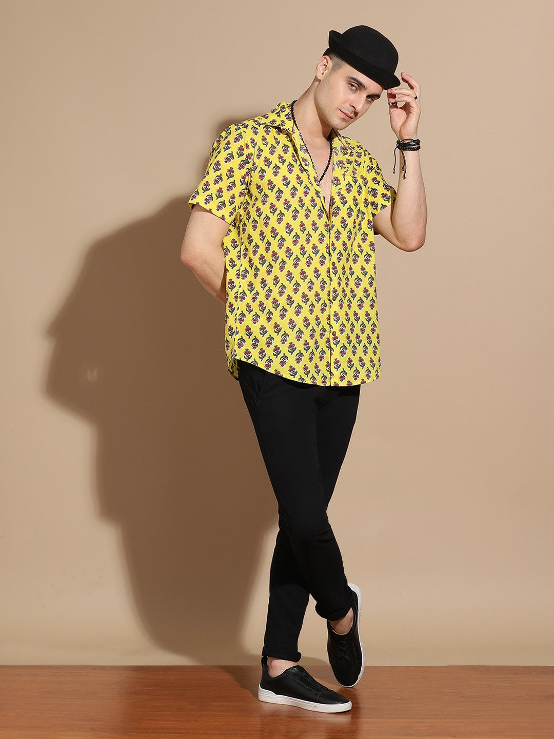 Men's Yellow Floral Print Cotton Shirt with Spread Collar