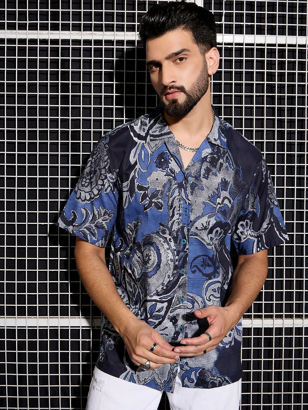 Men’s Blue Abstract Cotton Shirt – Breezy Cuban Collar for Laidback Vibes