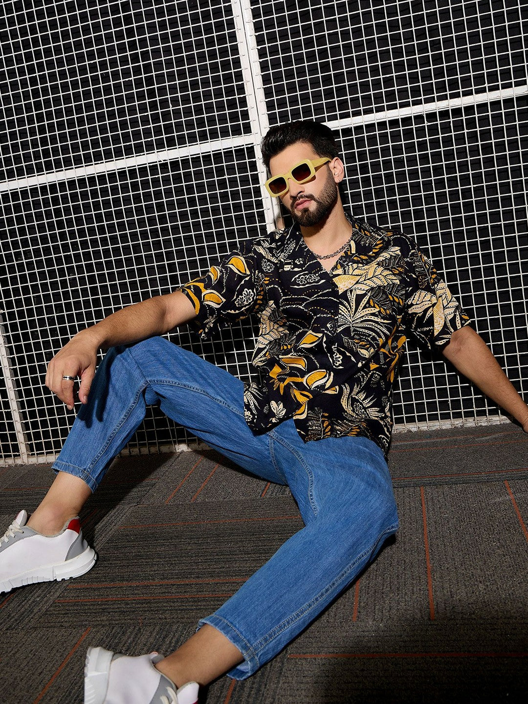 Men’s Black Abstract Print Cotton Shirt – Cuban Collar | Relaxed Fit