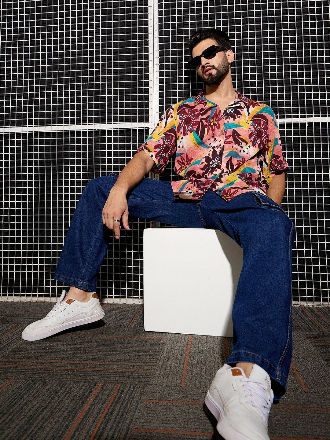 Men’s Peach Abstract Printed Cotton Shirt – Cuban Collar | Relaxed Fit