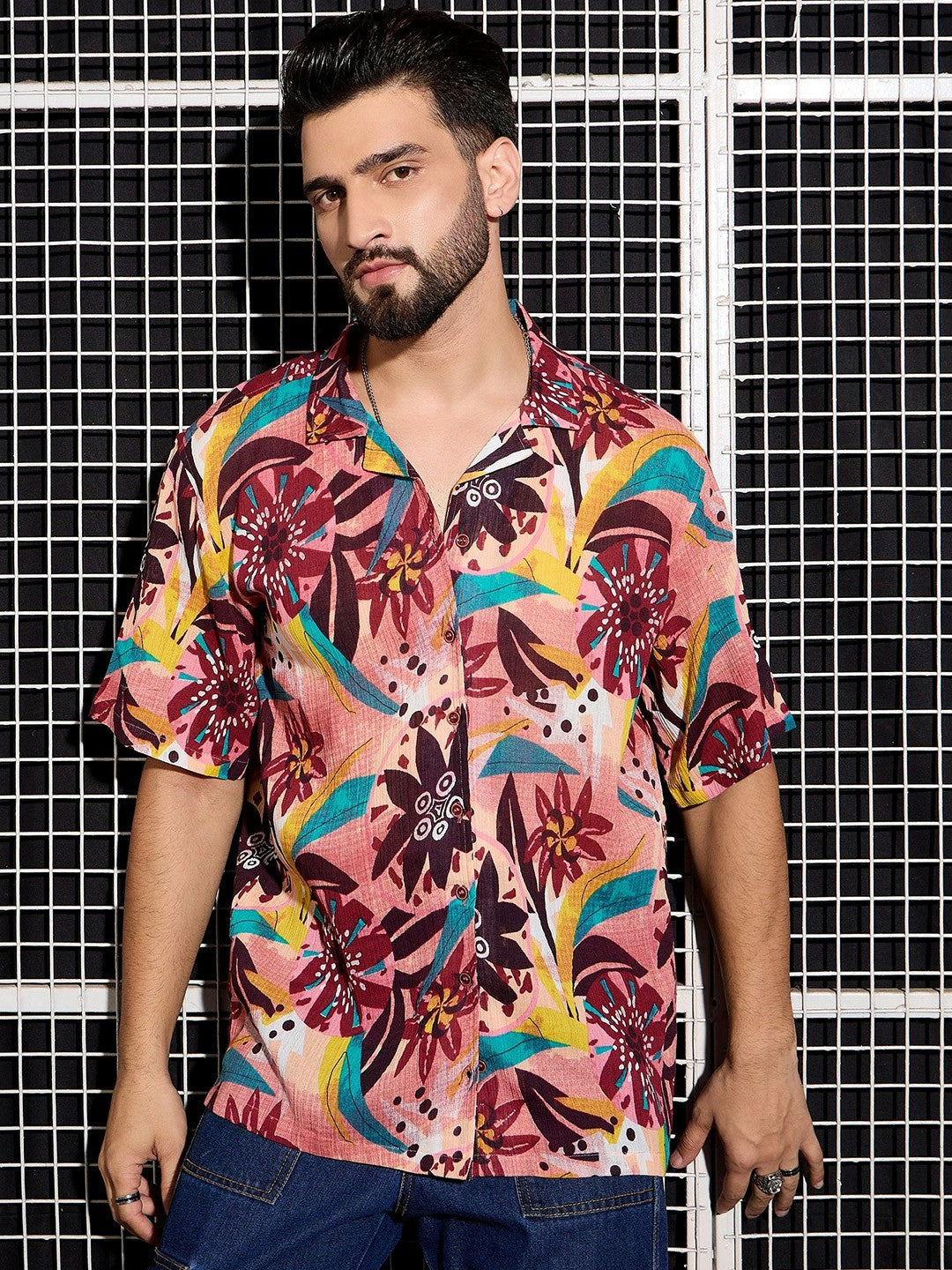 Men’s Peach Abstract Printed Cotton Shirt – Cuban Collar | Relaxed Fit