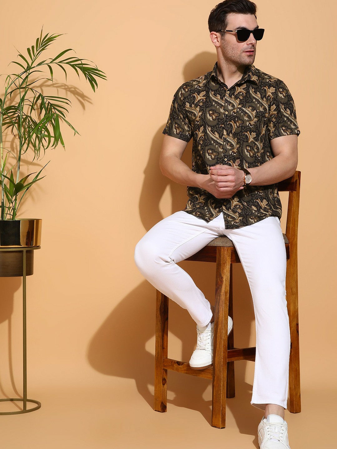 Men’s Brown Floral Printed Cotton Shirt – Slim Fit | Spread Collar