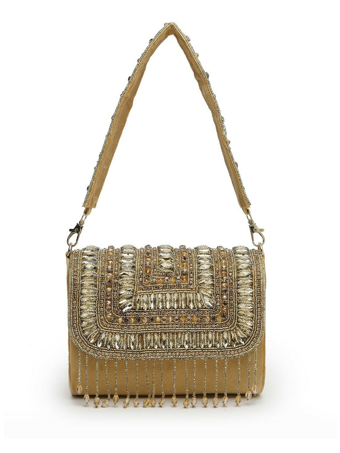 Beige Embellished Tasselled Foldover Clutch – Elegant Evening Bag with Wrist Loop & Button Closure