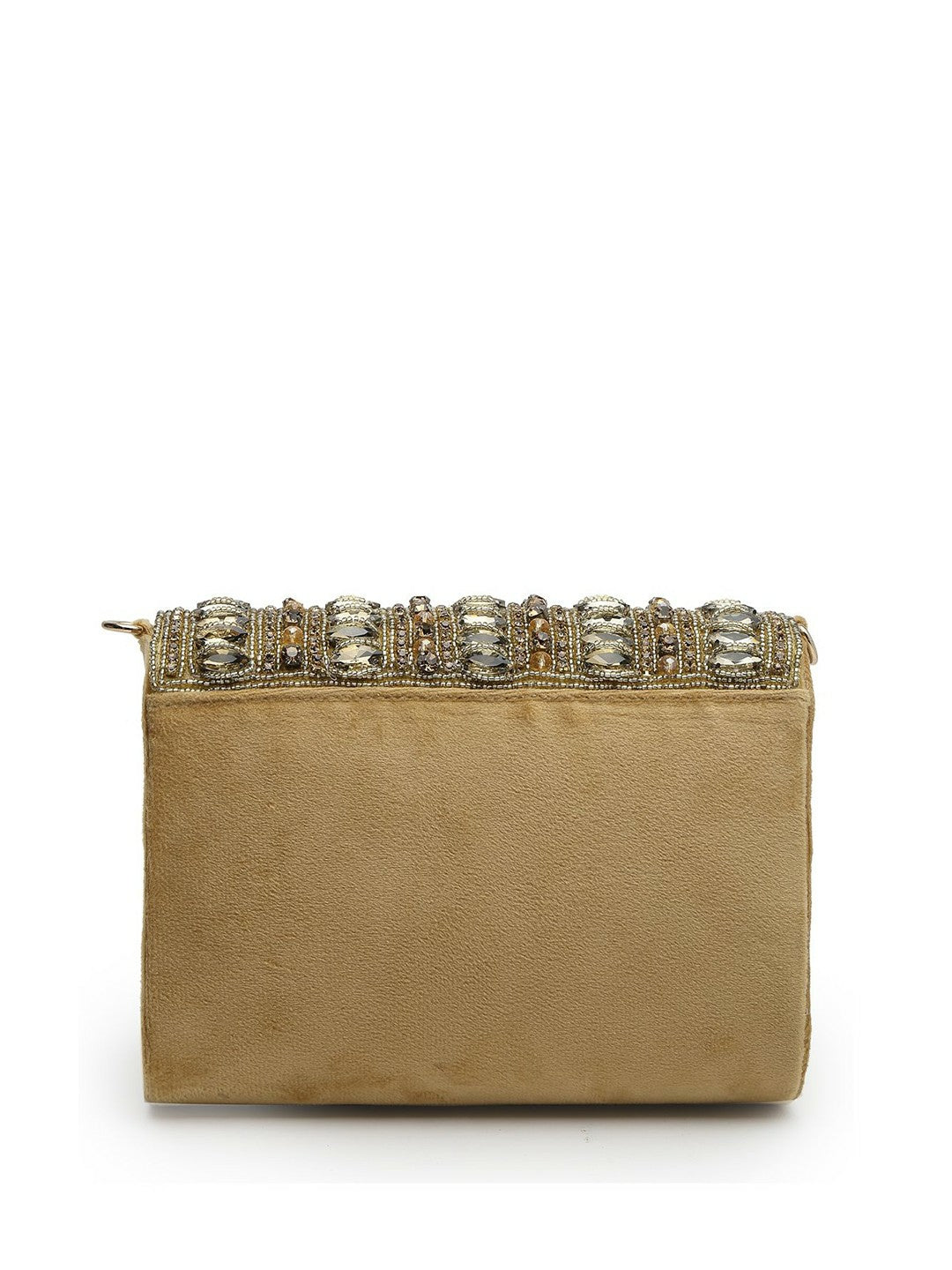 Beige Embellished Tasselled Foldover Clutch – Elegant Evening Bag with Wrist Loop & Button Closure