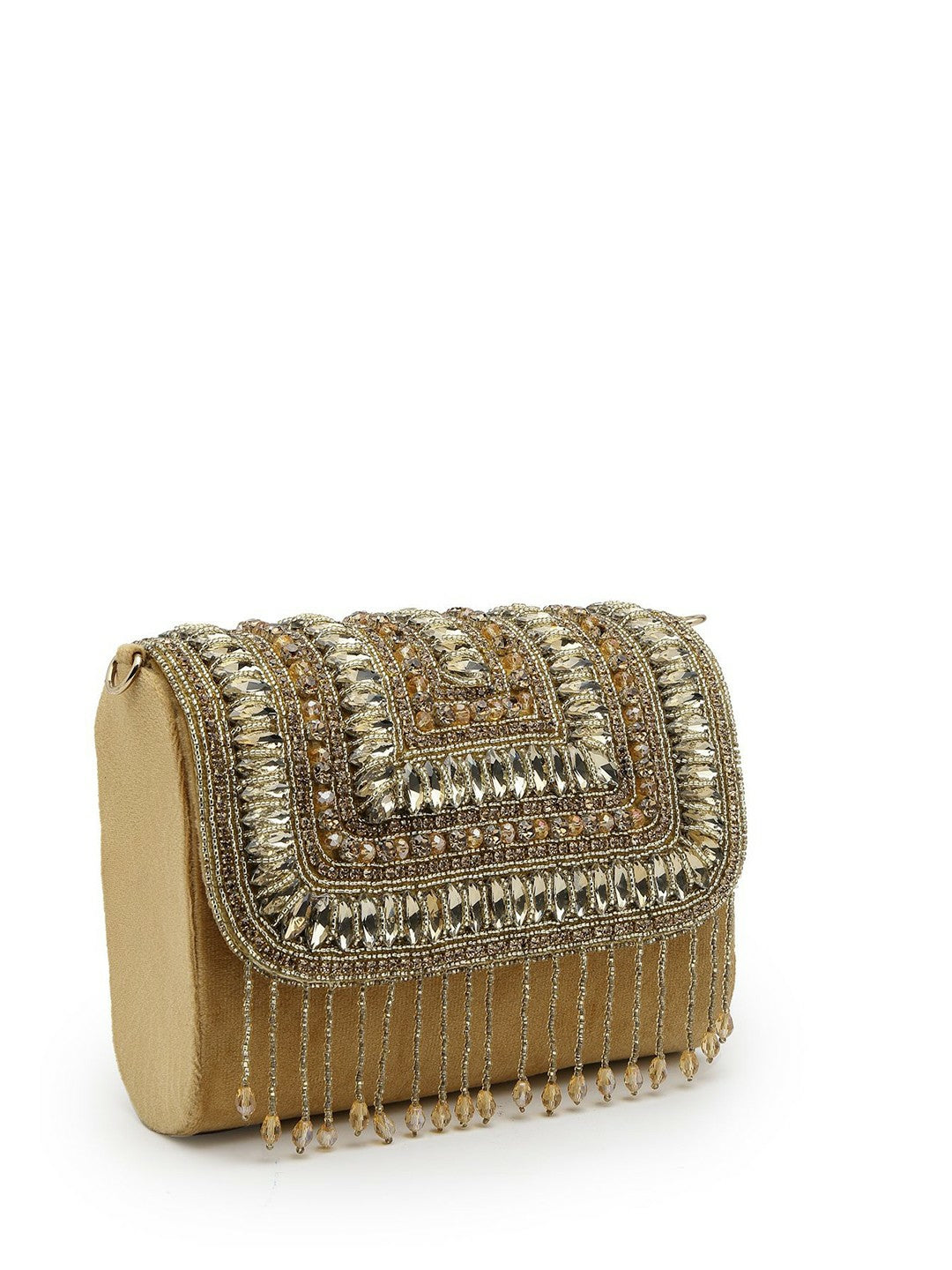 Beige Embellished Tasselled Foldover Clutch – Elegant Evening Bag with Wrist Loop & Button Closure