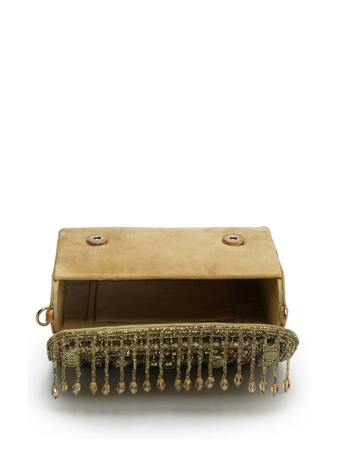 Beige Embellished Tasselled Foldover Clutch – Elegant Evening Bag with Wrist Loop & Button Closure