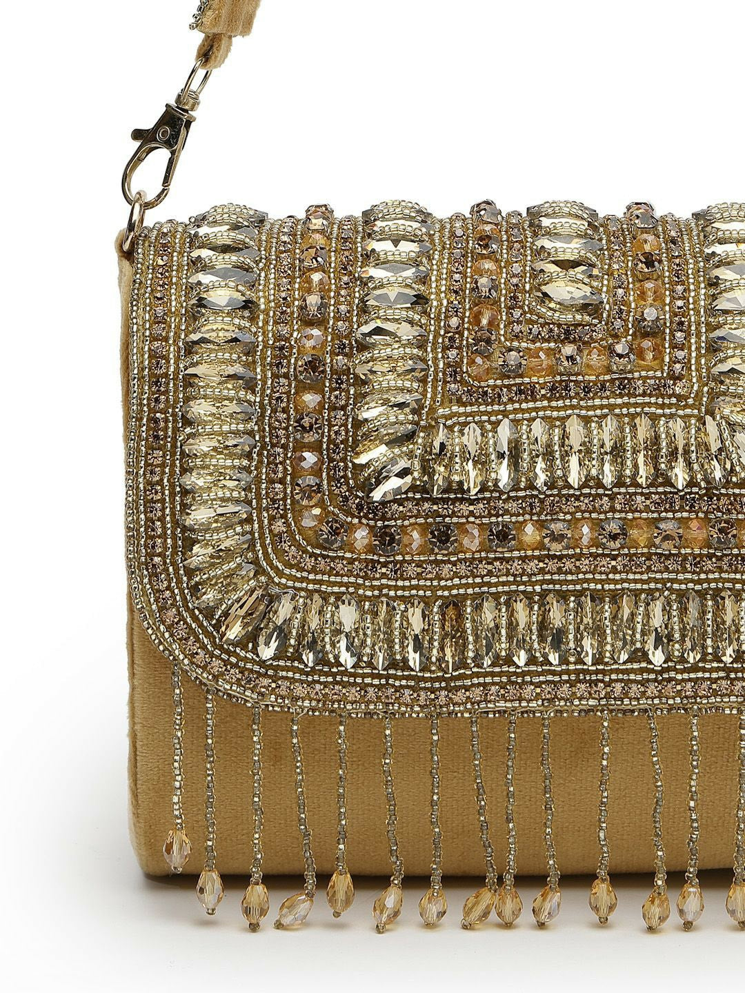 Beige Embellished Tasselled Foldover Clutch – Elegant Evening Bag with Wrist Loop & Button Closure