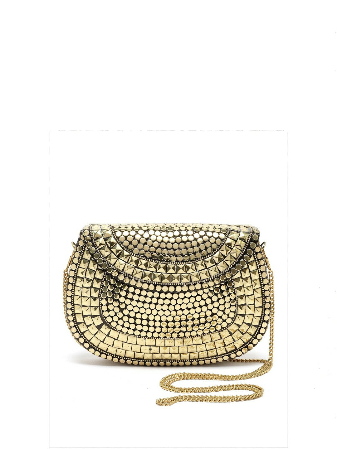 Gold-Toned Embellished Box Clutch – Elegant Evening Handbag with Shoulder Strap & Metal Click Closure