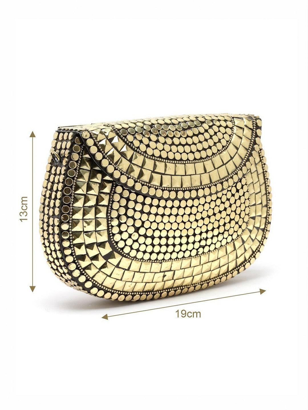 Gold-Toned Embellished Box Clutch – Elegant Evening Handbag with Shoulder Strap & Metal Click Closure