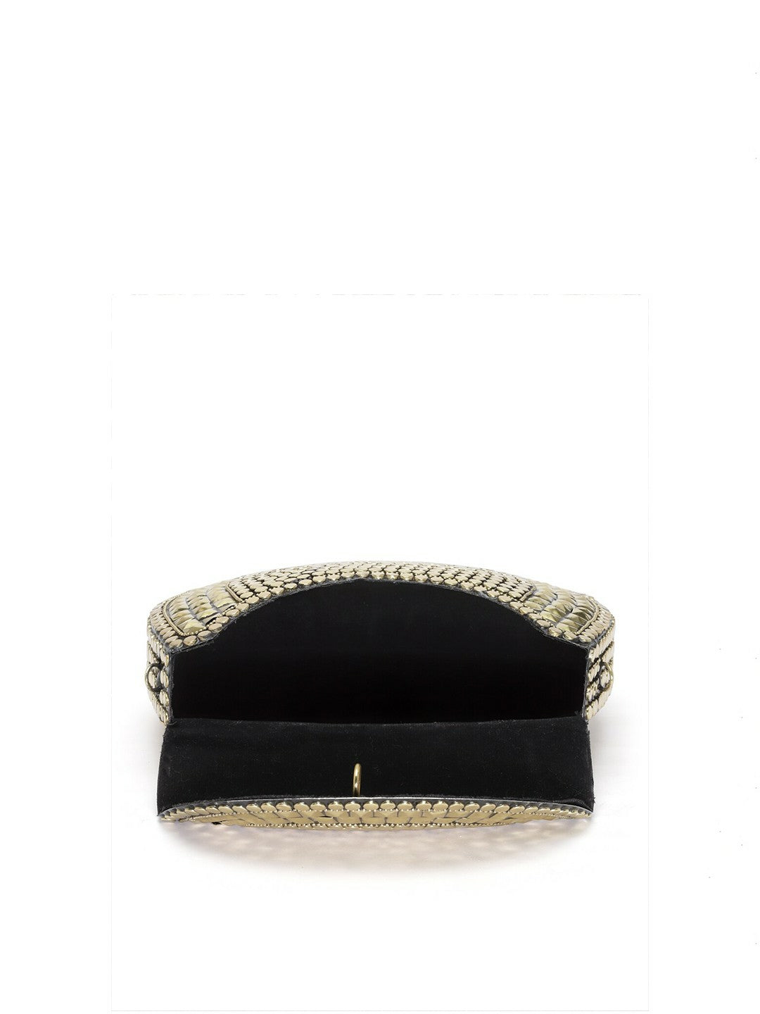Gold-Toned Embellished Box Clutch – Elegant Evening Handbag with Shoulder Strap & Metal Click Closure
