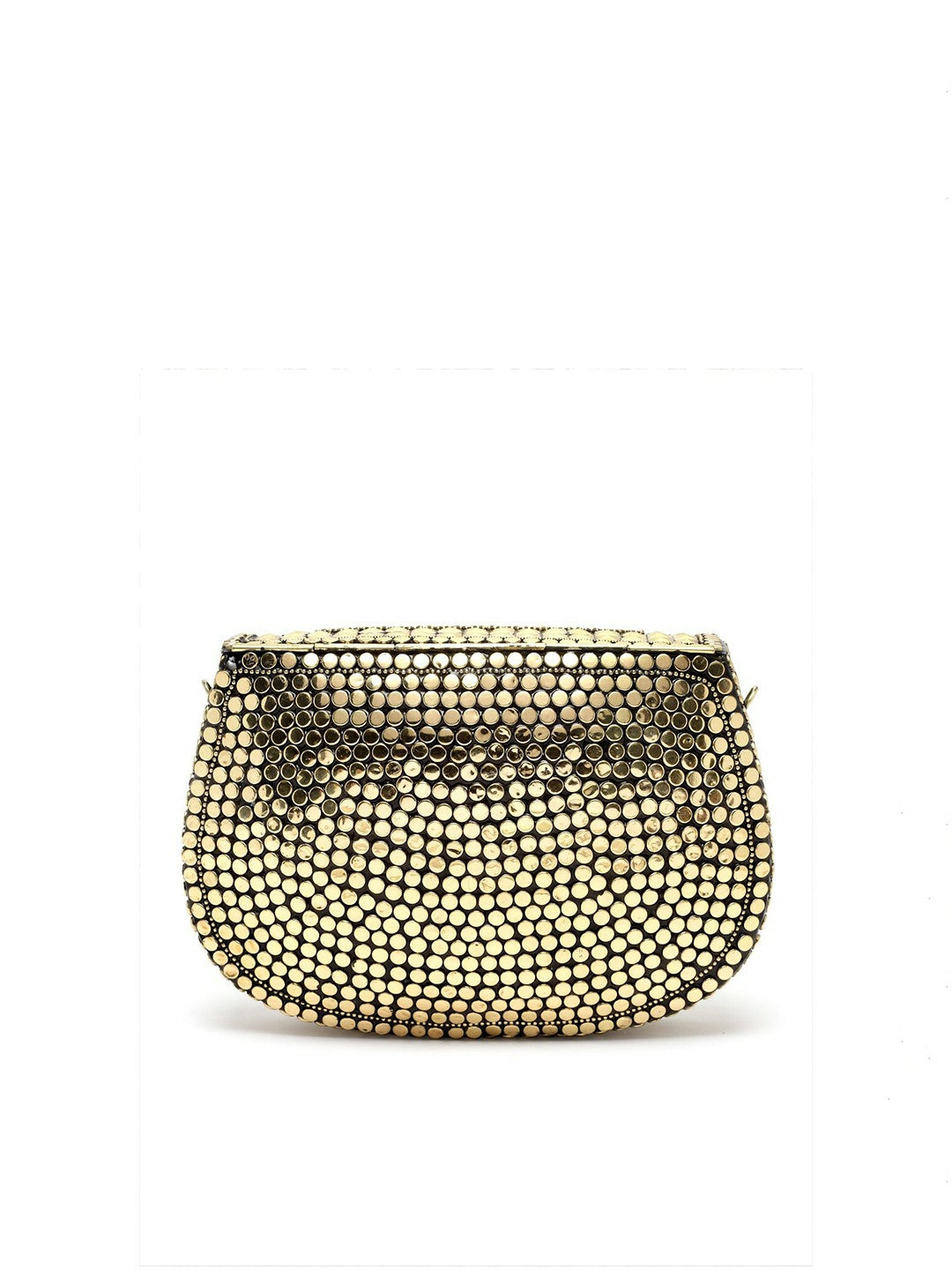 Gold-Toned Embellished Box Clutch – Elegant Evening Handbag with Shoulder Strap & Metal Click Closure