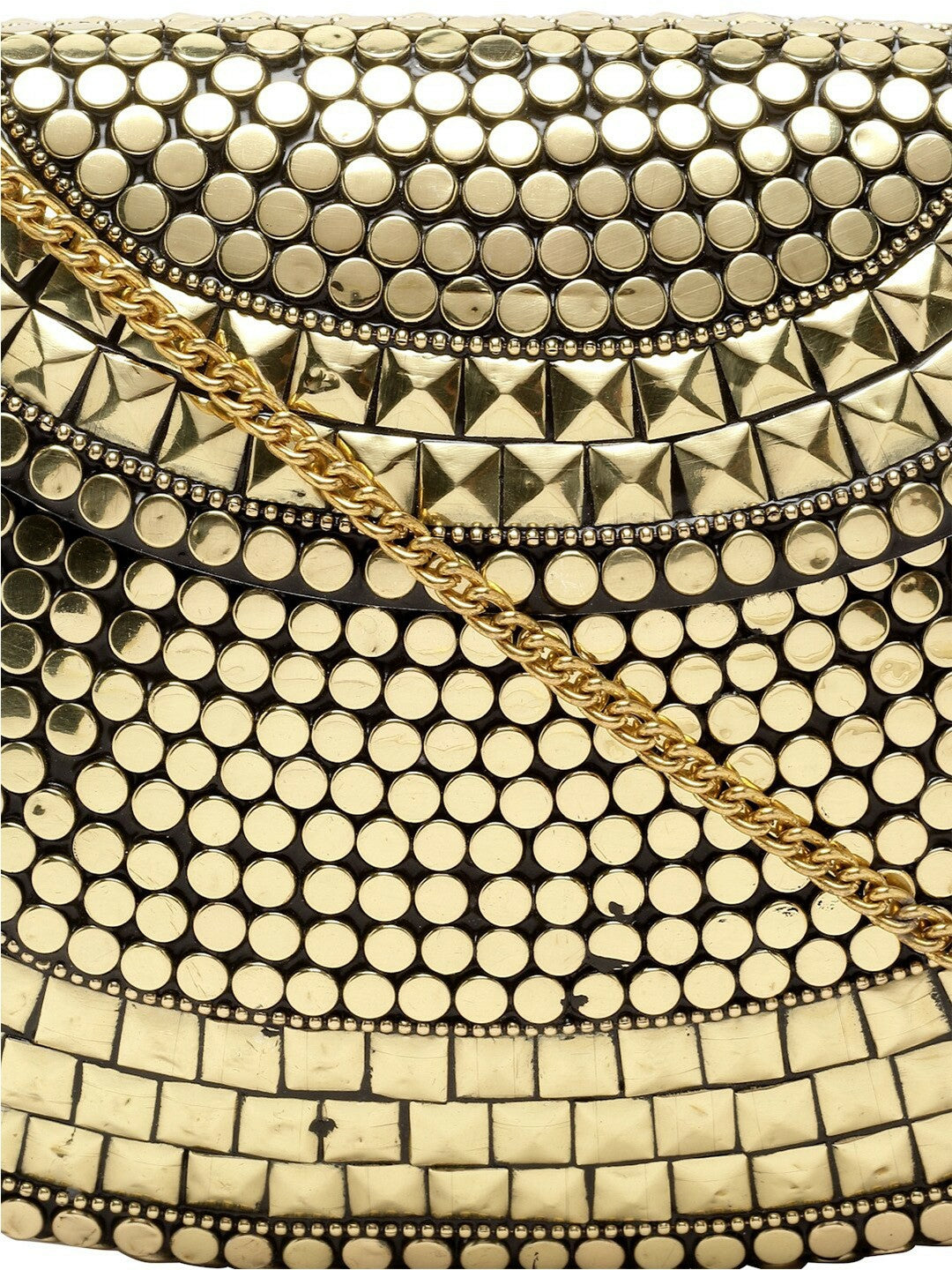Gold-Toned Embellished Box Clutch – Elegant Evening Handbag with Shoulder Strap & Metal Click Closure