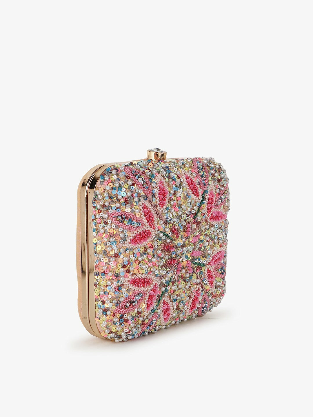 Pink & White Embellished Box Clutch – Elegant Evening Bag with Shoulder Strap & Click Closure