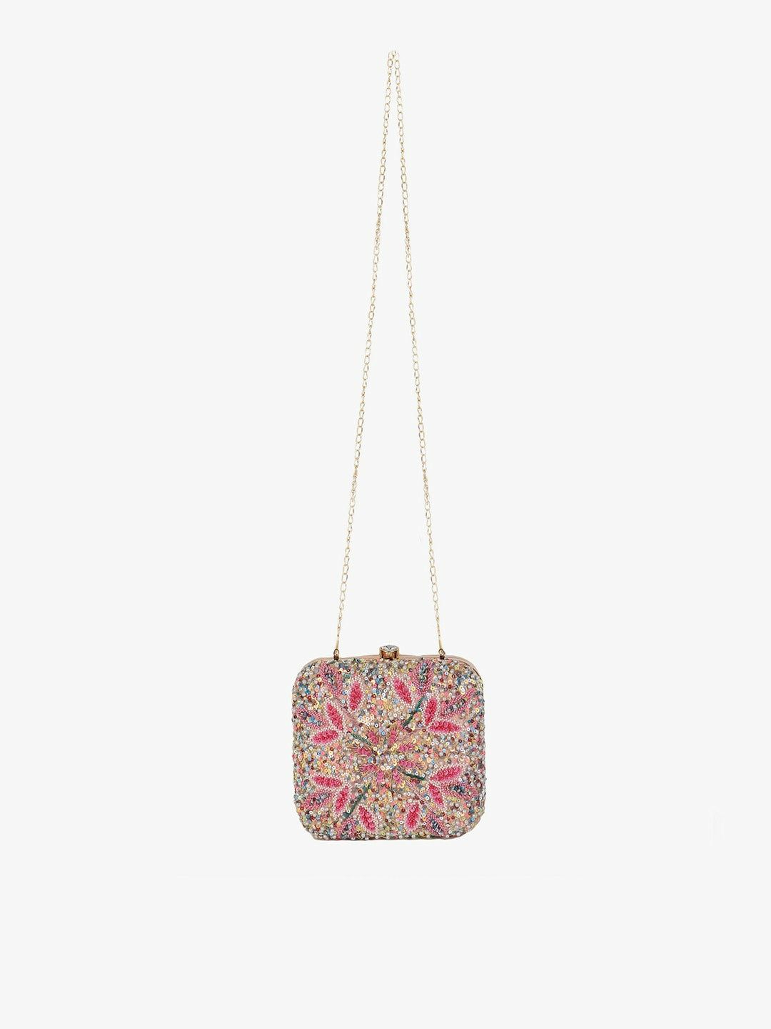 Pink & White Embellished Box Clutch – Elegant Evening Bag with Shoulder Strap & Click Closure