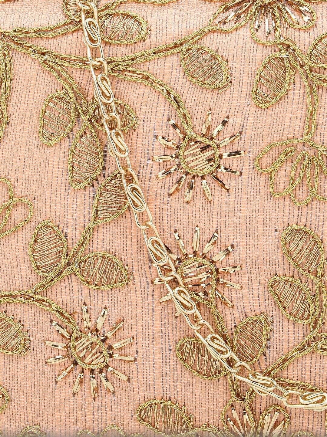 Peach & Gold Floral Embroidered Box Clutch – Elegant Party Handbag with Detachable Strap