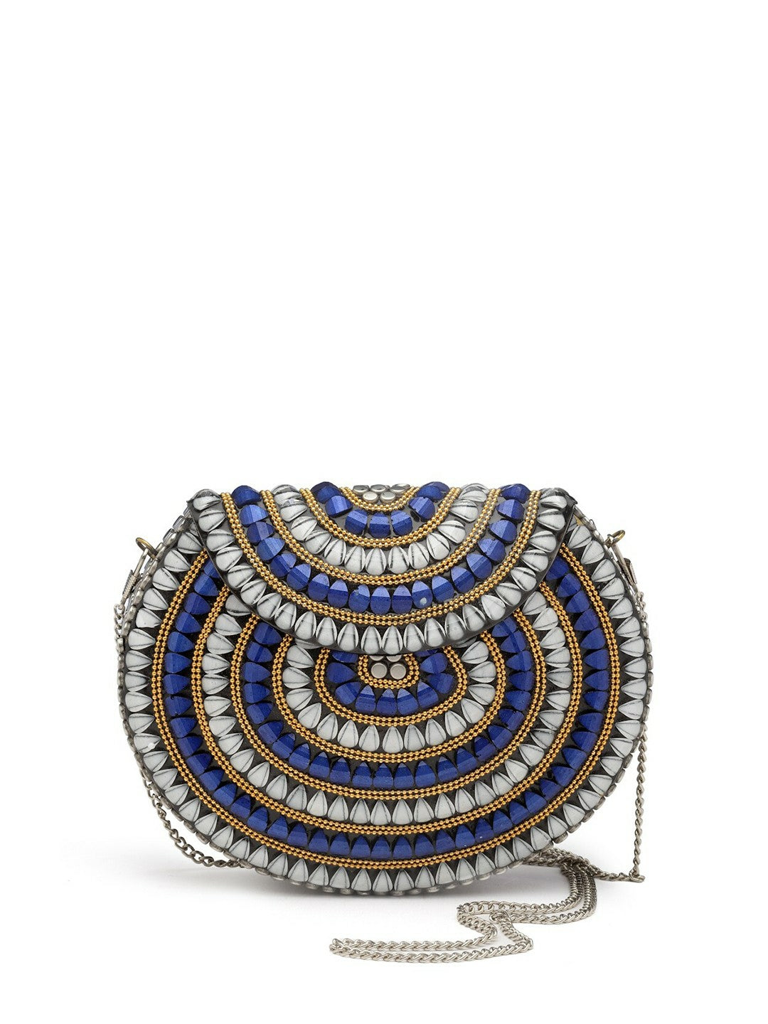 Silver-Toned & Blue Embellished Half Moon Clutch – Elegant Evening Bag with Shoulder Strap & Metal Click Closure