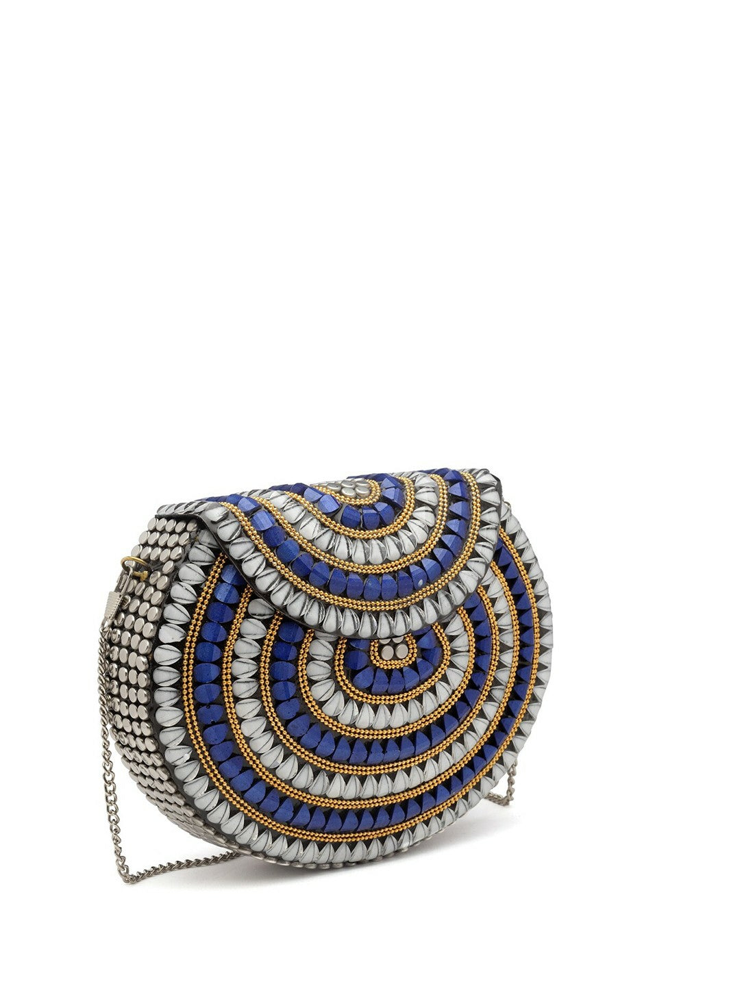 Silver-Toned & Blue Embellished Half Moon Clutch – Elegant Evening Bag with Shoulder Strap & Metal Click Closure