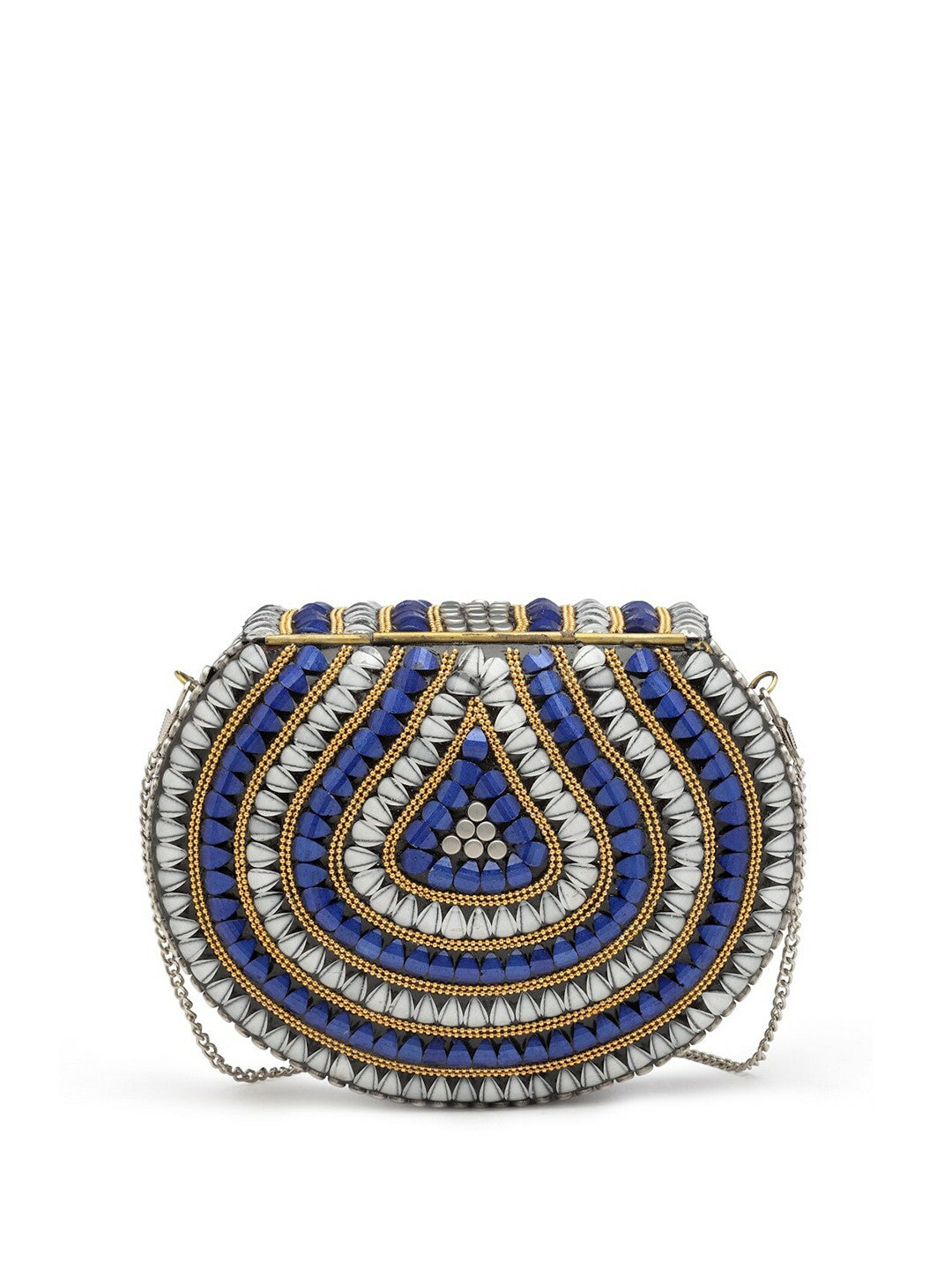 Silver-Toned & Blue Embellished Half Moon Clutch – Elegant Evening Bag with Shoulder Strap & Metal Click Closure