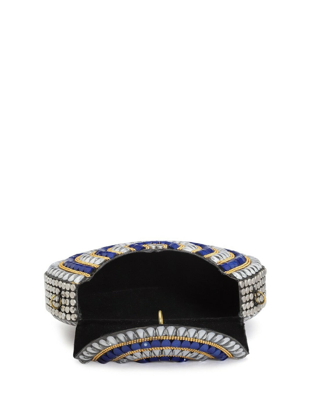 Silver-Toned & Blue Embellished Half Moon Clutch – Elegant Evening Bag with Shoulder Strap & Metal Click Closure