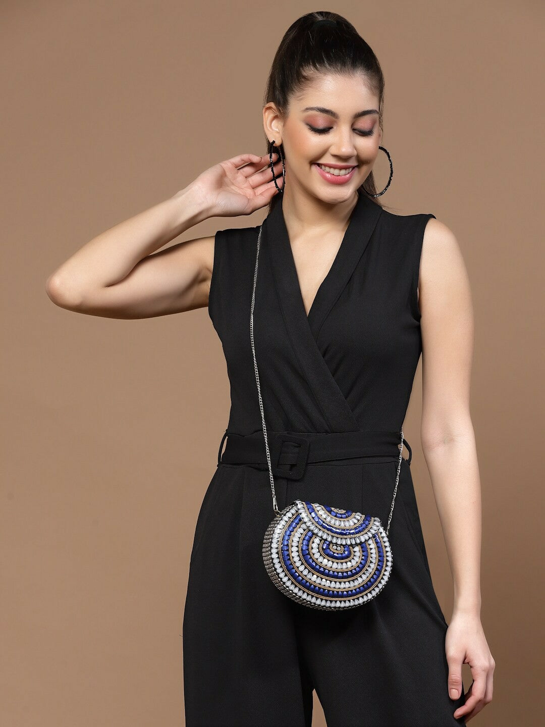 Silver-Toned & Blue Embellished Half Moon Clutch – Elegant Evening Bag with Shoulder Strap & Metal Click Closure