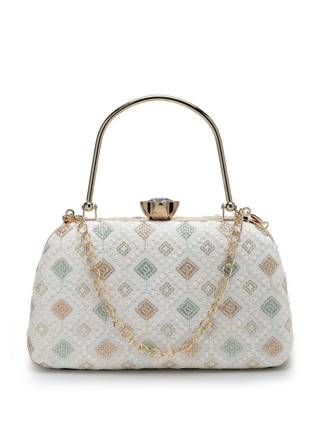 White, Gold-Toned & Pink Embroidered Box Clutch with Buckle Detail – Elegant Fabric Clutch for Women