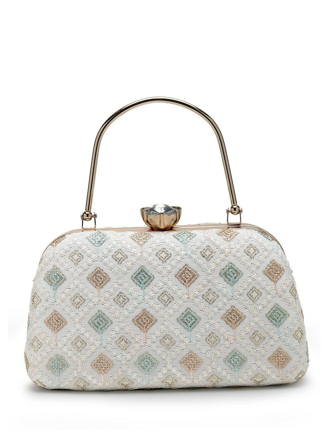 White, Gold-Toned & Pink Embroidered Box Clutch with Buckle Detail – Elegant Fabric Clutch for Women
