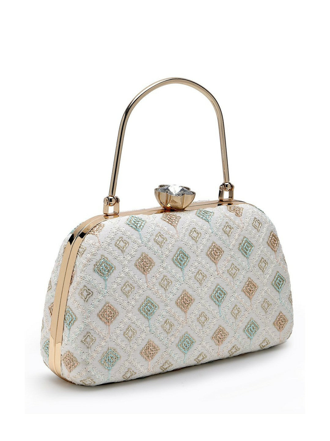 White, Gold-Toned & Pink Embroidered Box Clutch with Buckle Detail – Elegant Fabric Clutch for Women