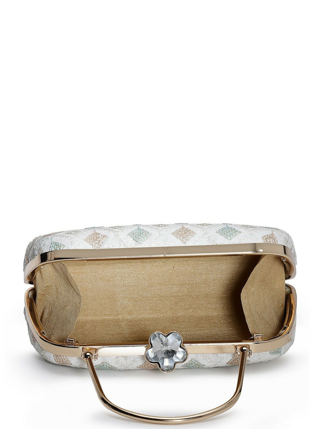 White, Gold-Toned & Pink Embroidered Box Clutch with Buckle Detail – Elegant Fabric Clutch for Women