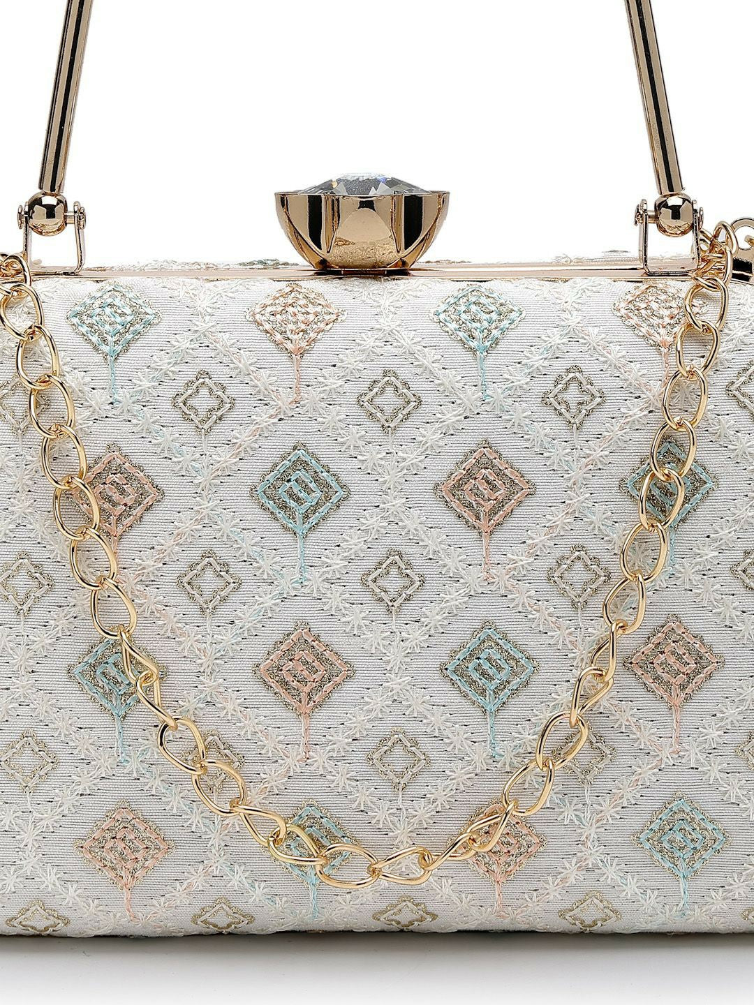 White, Gold-Toned & Pink Embroidered Box Clutch with Buckle Detail – Elegant Fabric Clutch for Women