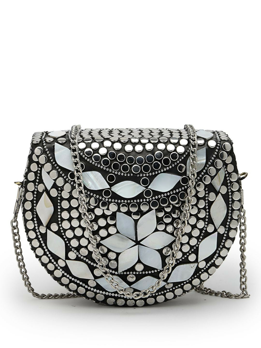 Black & Silver Embellished Half-Moon Clutch – Elegant Evening Bag with Shoulder Strap