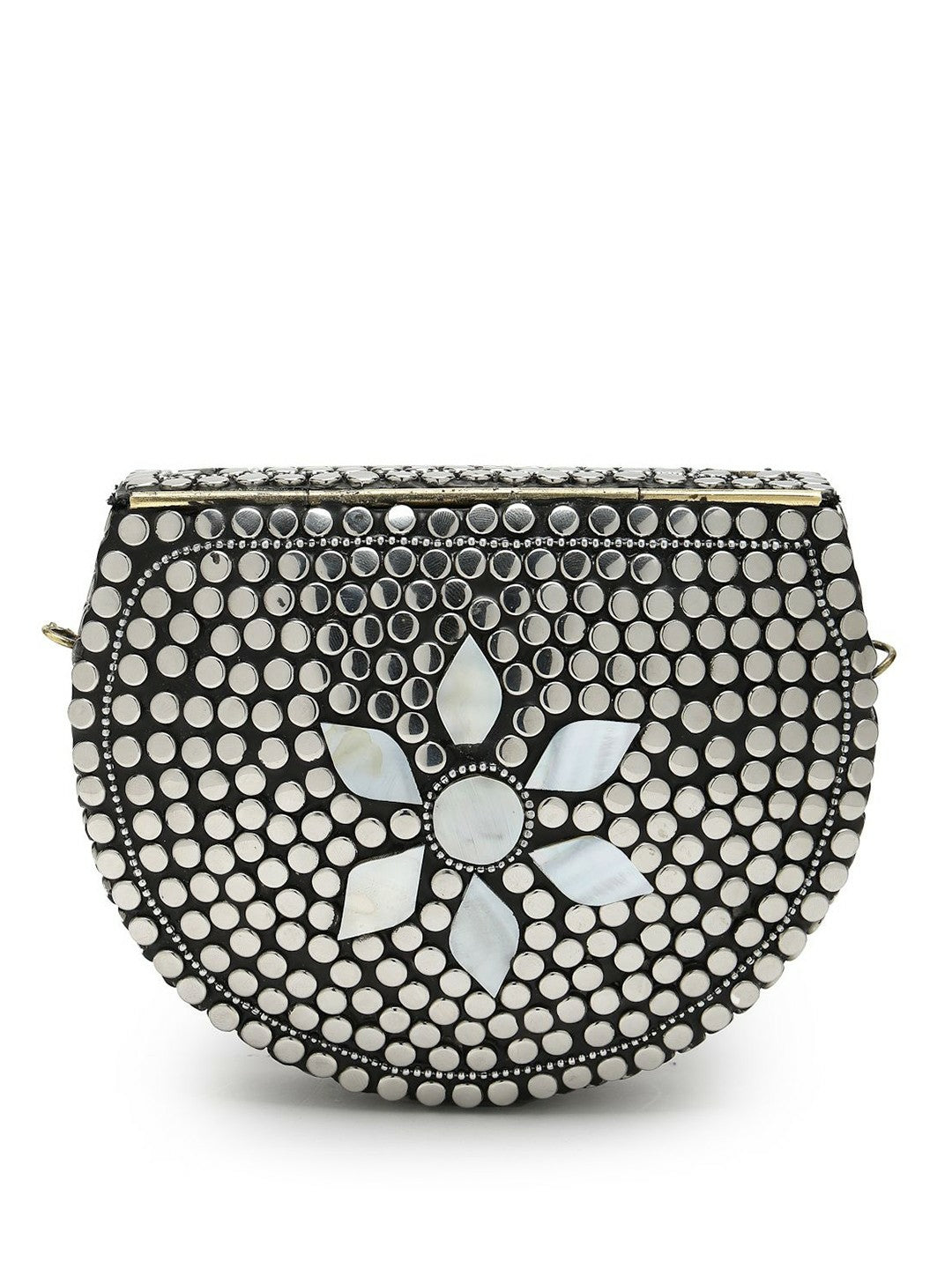 Black & Silver Embellished Half-Moon Clutch – Elegant Evening Bag with Shoulder Strap