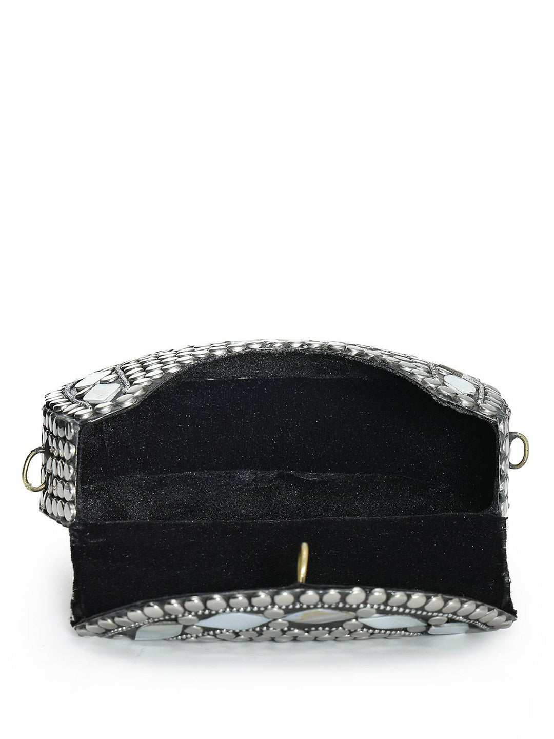 Black & Silver Embellished Half-Moon Clutch – Elegant Evening Bag with Shoulder Strap