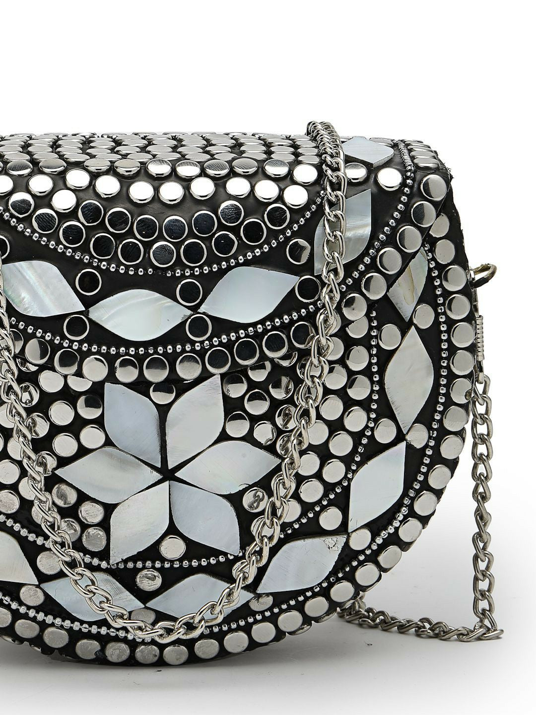 Black & Silver Embellished Half-Moon Clutch – Elegant Evening Bag with Shoulder Strap
