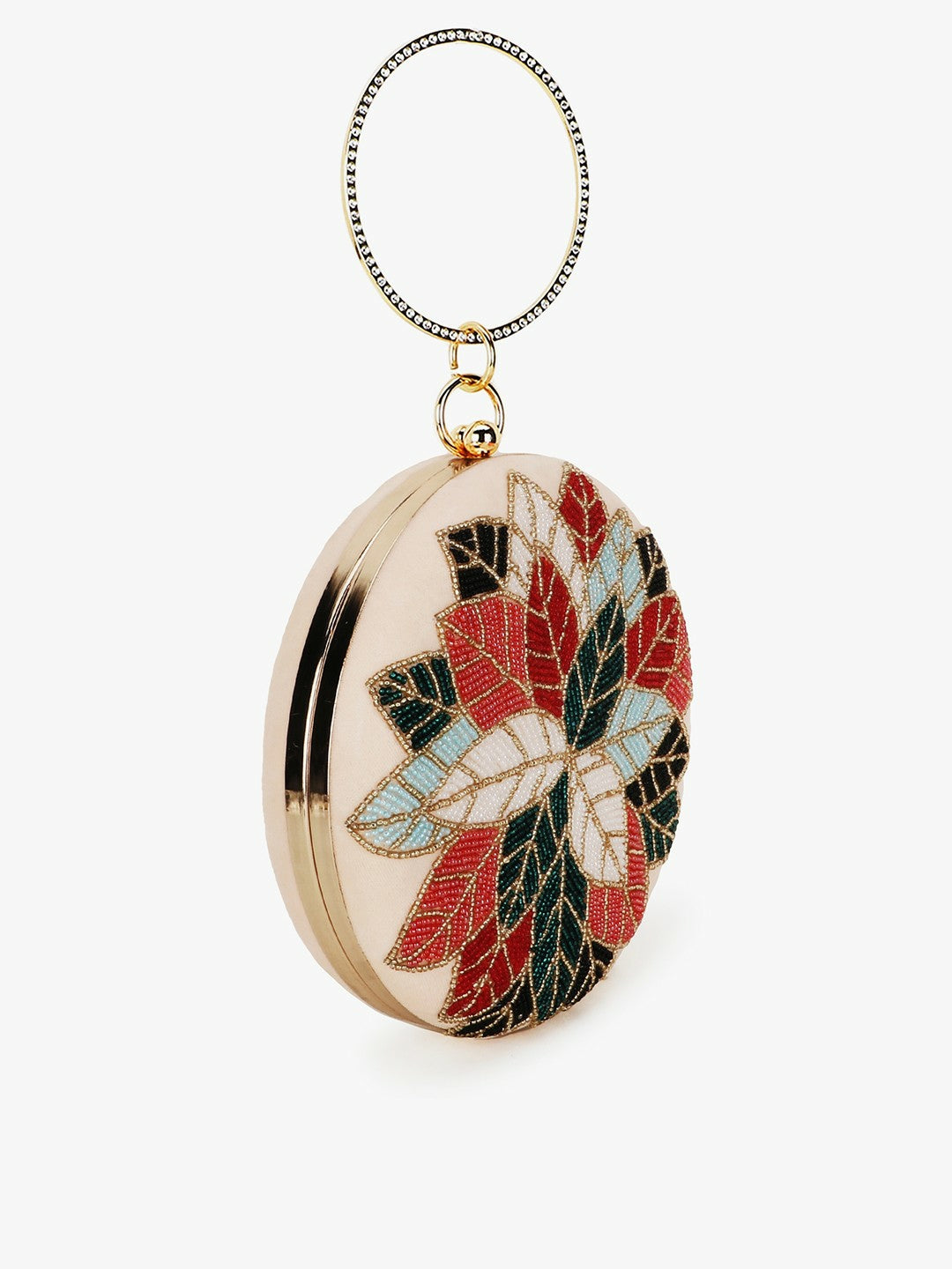 Peach & Red Embroidered Box Clutch – Elegant Evening Bag with Shoulder Strap & Click Closure