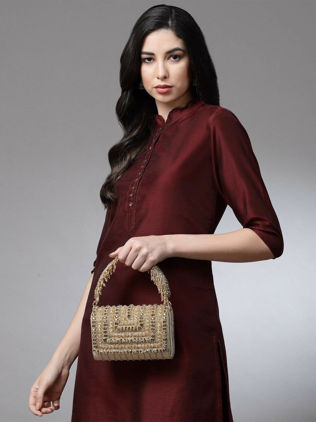 Nude & Gold Embellished Envelope Clutch – Elegant Handbag with Wrist Loop & Button Closure
