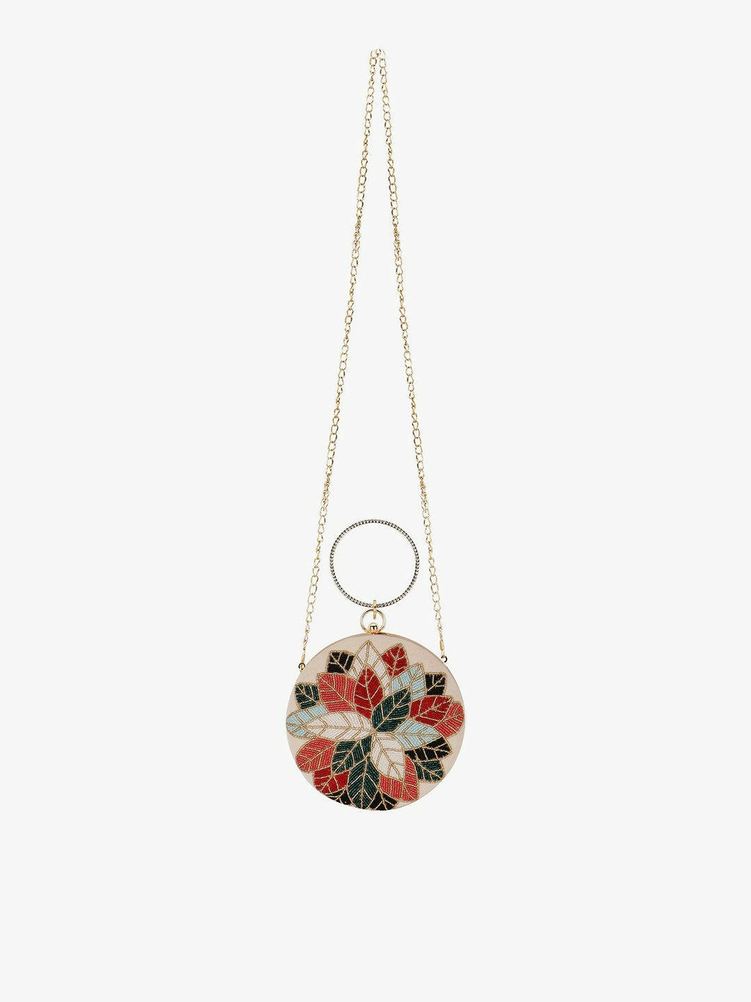 Peach & Red Embroidered Box Clutch – Elegant Evening Bag with Shoulder Strap & Click Closure