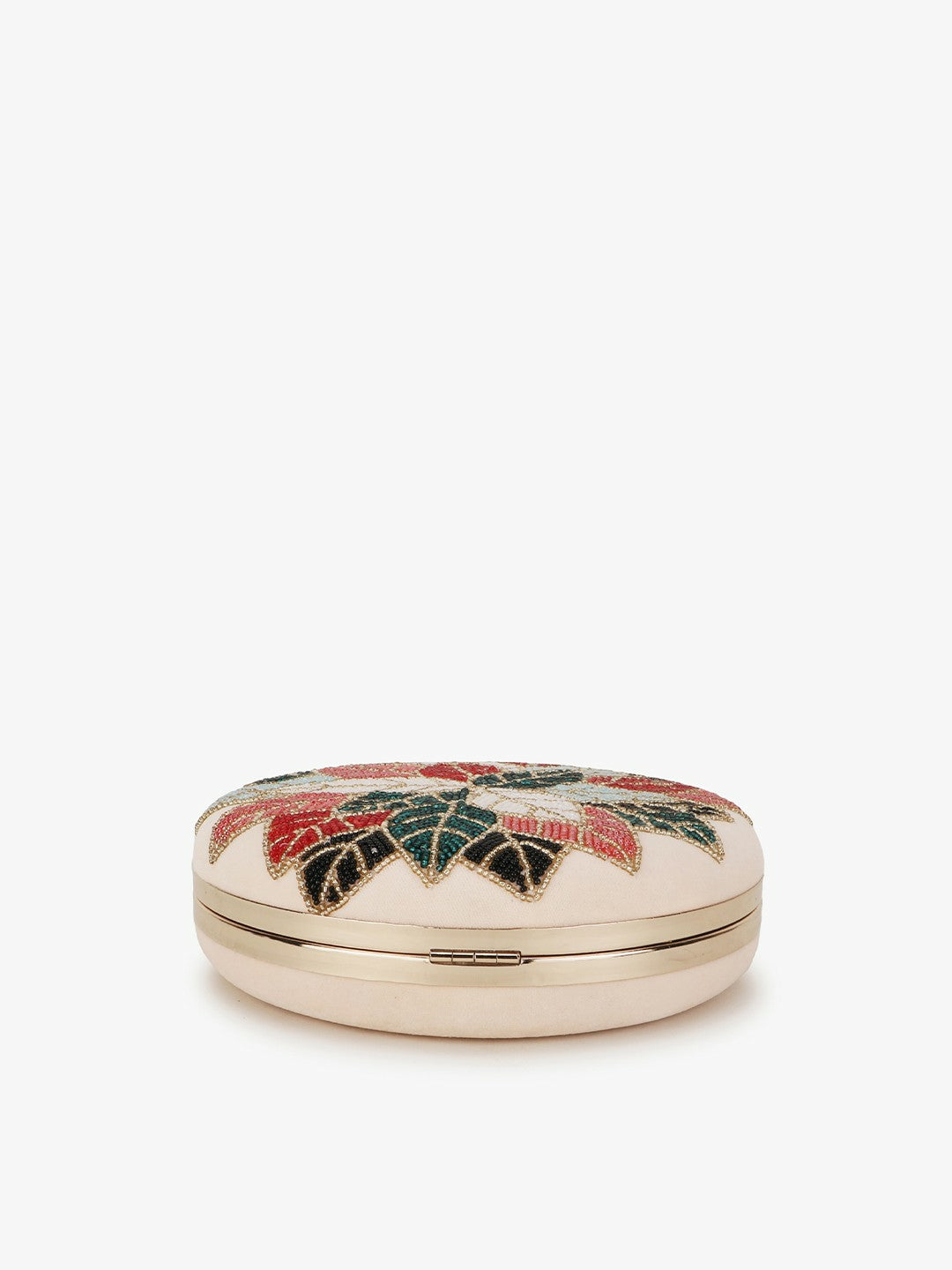 Peach & Red Embroidered Box Clutch – Elegant Evening Bag with Shoulder Strap & Click Closure