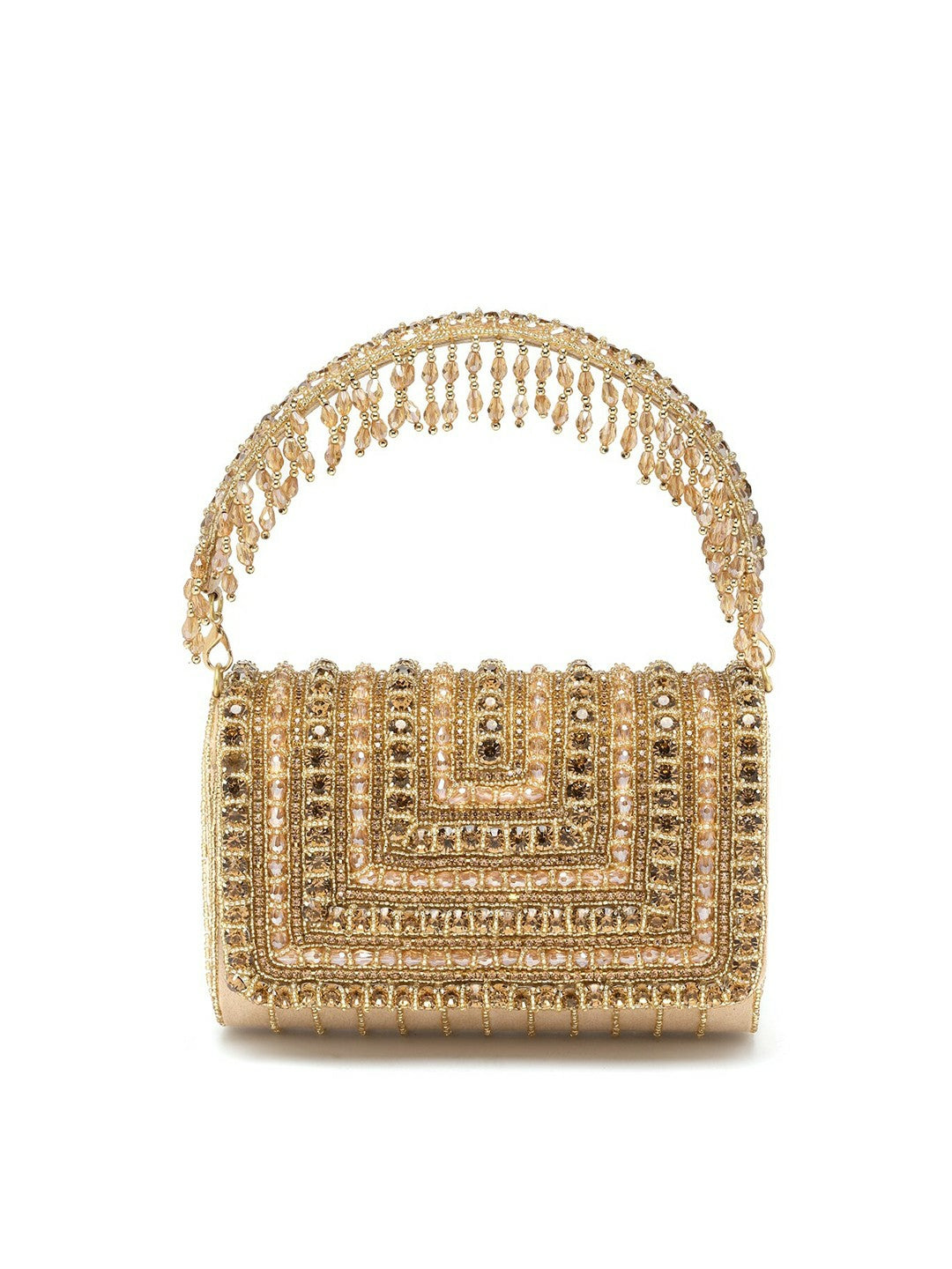 Nude & Gold Embellished Envelope Clutch – Elegant Handbag with Wrist Loop & Button Closure